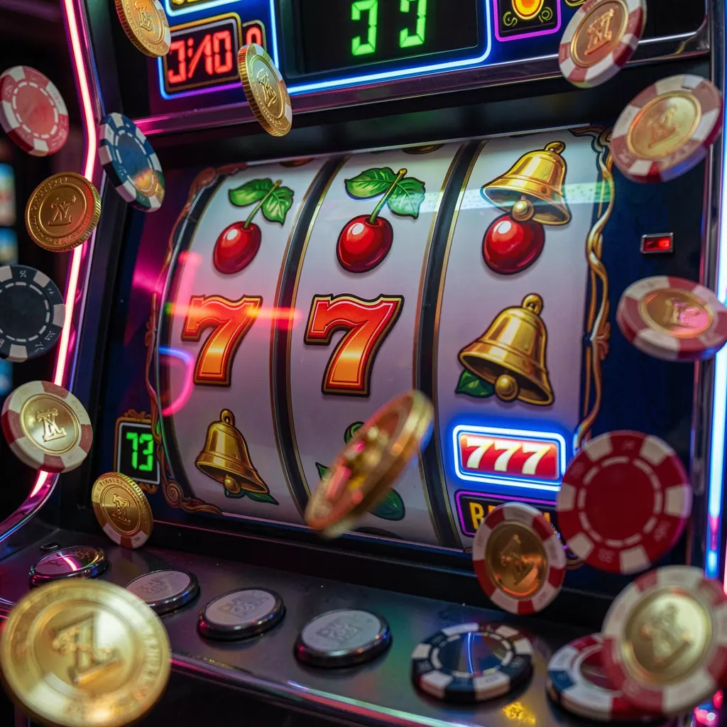 Close up of a glowing slot machine with triple 7s and flying gold coins showcasing jackpot excitement at 77AG COM online casino for players in Indonesia